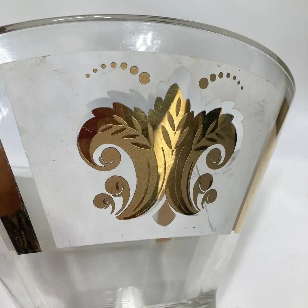 Vtg MCM Gilt Gold Fleur De Lis Wheat Medallion Salad Chip Bowl Libbey Clear Gold